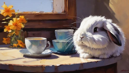 domestic rabbit,hare window,white bunny,cottontail,european rabbit,bunny,painting easter egg,white rabbit,teacup,cappuccino,dwarf rabbit,brown rabbit,oil painting,rabbits,little bunny,rabbit,little rabbit,teatime,hare,a cup of tea,Conceptual Art,Oil color,Oil Color 09