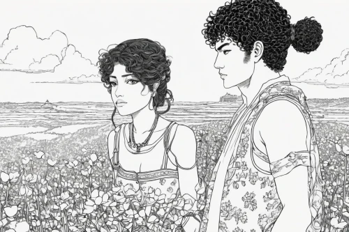 young couple,amano,lindos,prince and princess,rem in arabian nights,hand-drawn illustration,the people in the sea,boy and girl,two people,couple,millet,aladha,black couple,shirakami-sanchi,illustration of the flowers,tassili n'ajjer,clamp,dune pyla you,kimjongilia,vintage boy and girl,Illustration,Black and White,Black and White 16