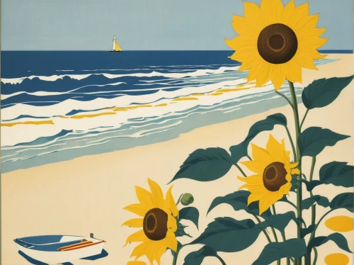travel poster,seaside daisy,sea beach-marigold,sunflowers in vase,olle gill,breton,helianthus sunbelievable,sun and sea,cool woodblock images,beach landscape,beach towel,sun flowers,sylt,helianthus,vintage print,sunflowers,vintage illustration,the touquet,summer still-life,seaside country,Illustration,Retro,Retro 15