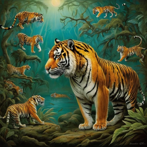 tigers,bengal tiger,sumatran tiger,a tiger,asian tiger,tiger,animals hunting,forest animals,deep zoo,bengal,big cats,hunting scene,tropical animals,animal world,woodland animals,tiger png,animalia,tigerle,oil painting on canvas,animal zoo,Illustration,Realistic Fantasy,Realistic Fantasy 40