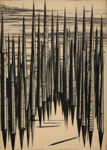 furrows,organ pipes,wooden poles,matruschka,cool woodblock images,woodcut,matchsticks,spines,reeds,staves,woodblock prints,masts,bamboo plants,stieglitz,bamboo forest,radio masts,row of trees,fields of wind turbines,furrow,spruce forest,Art,Artistic Painting,Artistic Painting 01