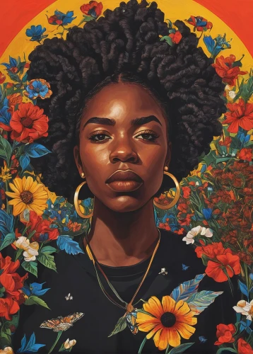 girl in flowers,safflower,afroamerican,oil on canvas,girl in a wreath,rosa ' amber cover,oil painting on canvas,afro-american,portrait of a girl,afro american girls,flora,african daisies,wreath of flowers,frida,mystical portrait of a girl,girl portrait,bloom,floral composition,artist portrait,to flourish,Art,Classical Oil Painting,Classical Oil Painting 23