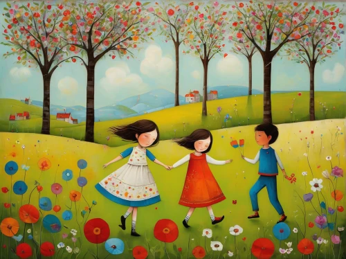 meadow play,girl and boy outdoor,flower meadow,spring meadow,carol colman,happy children playing in the forest,flower painting,art painting,flower garden,little girl with balloons,apple trees,children's background,walk with the children,cloves schwindl inge,orchard meadow,summer meadow,blossoming apple tree,springtime background,dandelion meadow,young couple,Art,Artistic Painting,Artistic Painting 29