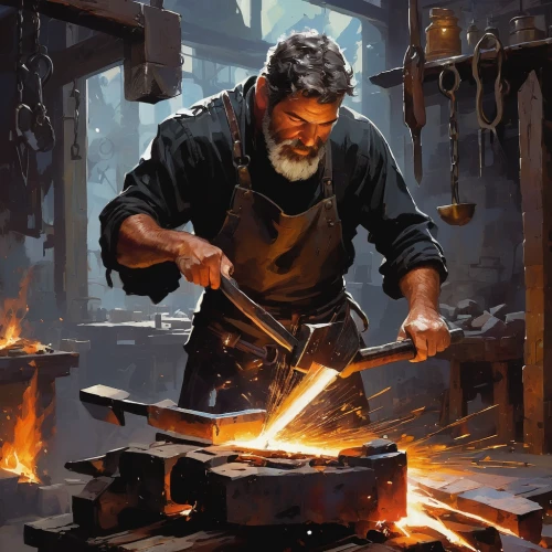 blacksmith,dwarf cookin,tinsmith,iron pour,steelworker,iron-pour,craftsman,a carpenter,carpenter,metalsmith,lead-pouring,smelting,fire artist,fire master,forge,candlemaker,dane axe,cooking book cover,artisan,merchant,Conceptual Art,Oil color,Oil Color 07