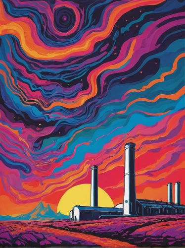 turbines,chimneys,factory chimney,industrial landscape,refinery,lava lamp,wind park,silo,industries,chimney,nuclear power plant,dioxide,1982,industry,fields of wind turbines,coal fired power plant,thermal power plant,smokestack,factories,power plant,Conceptual Art,Oil color,Oil Color 14