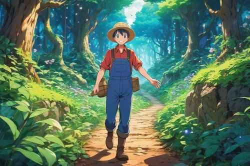 studio ghibli,forest walk,farmer in the woods,forest path,forest road,2d,forest man,in the forest,forest background,forest,trail,wander,anime japanese clothing,the forest,forest floor,magical adventure,maple road,hiking path,to the garden,the path,Illustration,Japanese style,Japanese Style 03