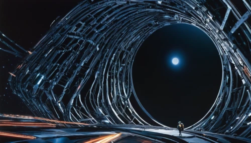 wormhole,ringed-worm,stargate,vortex,black hole,torus,electric arc,portals,wall tunnel,spiral nebula,orbital,helix,alien ship,mining facility,tunnel,time spiral,descent,cyclocomputer,spaceship space,deep space,Photography,Black and white photography,Black and White Photography 14