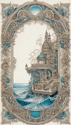 sea fantasy,galleon ship,house of the sea,sea sailing ship,digiscrap,imperial shores,water castle,art nouveau frame,open sea,atlantis,ocean background,frame border illustration,art nouveau frames,frame illustration,exploration of the sea,ghost ship,the endless sea,sea landscape,ms island escape,seafarer,Illustration,Black and White,Black and White 03