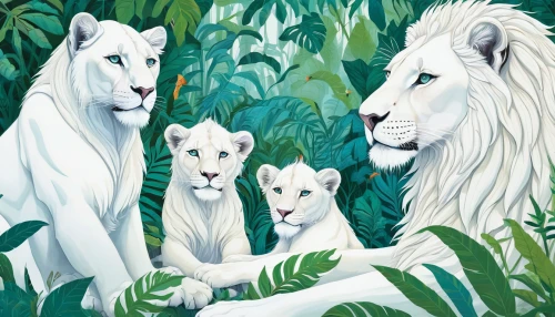 white lion family,lionesses,white lion,lion white,forest animals,lion children,male lions,woodland animals,forest king lion,white tiger,lions,lions couple,arrowroot family,panthera leo,the mother and children,lion father,animalia,animal kingdom,scandia animals,water-leaf family,Illustration,Abstract Fantasy,Abstract Fantasy 04