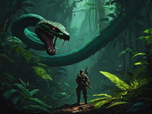 anaconda,predator,jurassic,jungle,komodo,serpent,gator,forest dragon,cobra,raptor,scavenger,crocodile,encounter,alligator,python,dino,emerald lizard,snake's head,predators,basilisk,Conceptual Art,Fantasy,Fantasy 06