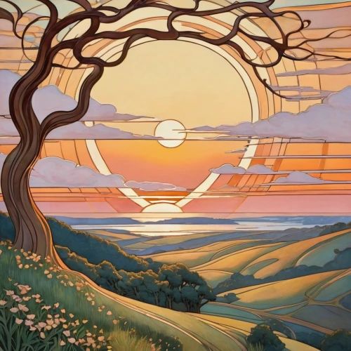 summer solstice,spring equinox,dune landscape,futuristic landscape,solar field,mother earth,panoramical,3-fold sun,landscapes,panoramic landscape,landscape background,nature landscape,sun,robert duncanson,rural landscape,sunset,eventide,desert landscape,morning illusion,high landscape,Illustration,Retro,Retro 08