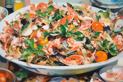sea salad,salad niçoise,pomelo salad,fattoush,greek salad,vegetable prawn salad,insalata caprese,carpaccio,carrot salad,vegetable salad,mixed salad,salad of strawberries,shrimp salad,ceviche,nabemono,salad platter,farmer's salad,sicilian cuisine,salad plate,cut salad,Conceptual Art,Oil color,Oil Color 18