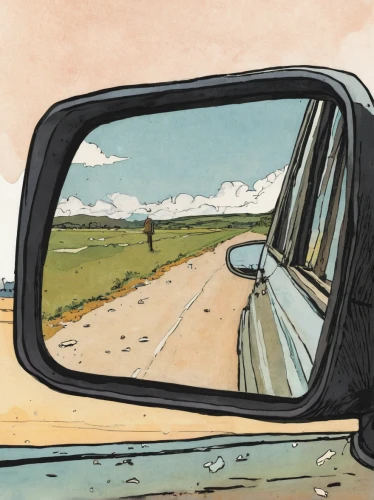 rear-view mirror,rearview mirror,automotive mirror,automotive side-view mirror,car mirror,wing mirror,side mirror,open road,exterior mirror,windshield,car window,door mirror,the road,long road,leaving your comfort zone,self-reflection,illustration of a car,roadtrip,road trip,travels,Illustration,Vector,Vector 04