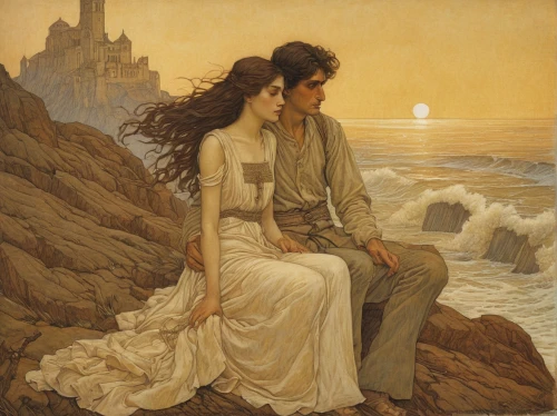 young couple,idyll,romantic scene,romantic portrait,amorous,courtship,honeymoon,mucha,lovers,emile vernon,lover's grief,loving couple sunrise,accolade,man and wife,as a couple,serenade,asher durand,love in the mist,the wind from the sea,orientalism,Illustration,Retro,Retro 01