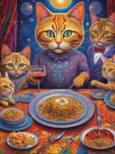 oktoberfest cats,placemat,caterer,étouffée,cat food,tea party cat,dinner party,red cat,minestrone,sicilian cuisine,tablecloth,cat's cafe,lucky cat,red tabby,laksa,moqueca,fine dining restaurant,cat family,cooking book cover,vintage cats,Illustration,Abstract Fantasy,Abstract Fantasy 21