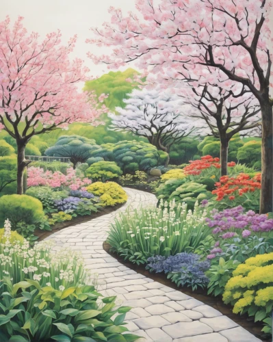 sakura trees,japan garden,sakura tree,spring garden,sake gardens,azaleas,japanese garden,springtime background,arboretum,english garden,flower painting,flower garden,spring background,floral border,spring blossoms,japanese cherry trees,japanese sakura background,gardens,spring in japan,meadow in pastel,Illustration,Japanese style,Japanese Style 17