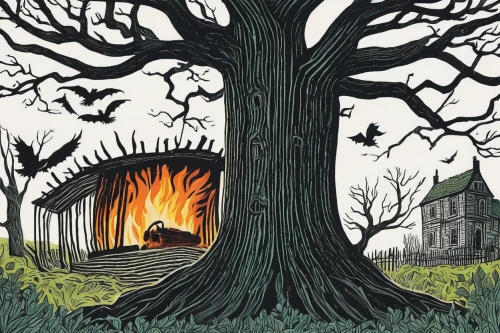 halloween bare trees,witch's house,witch house,deforested,burning tree trunk,ash-maple trees,the haunted house,burning house,birch tree illustration,book illustration,burnt tree,burned land,devilwood,tree torch,cd cover,the conflagration,halloween illustration,tree house,forest fire,halloween and horror,Art,Artistic Painting,Artistic Painting 50