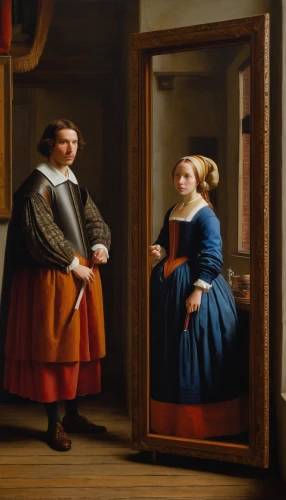 young couple,courtship,man and wife,droste,the mirror,door husband,meticulous painting,the girl's face,magic mirror,droste effect,conversation,dancing couple,holding a frame,looking glass,mirror frame,wood mirror,man and woman,armoire,groseillier,flemish,Art,Classical Oil Painting,Classical Oil Painting 41