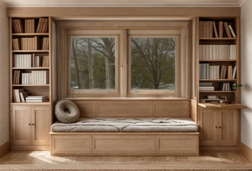 bookcase,bookshelves,danish room,danish furniture,reading room,wooden windows,bookshelf,armoire,one-room,room divider,sleeping room,cabinetry,modern room,wooden sauna,wood window,sleeper chair,book wall,soft furniture,bay window,window treatment