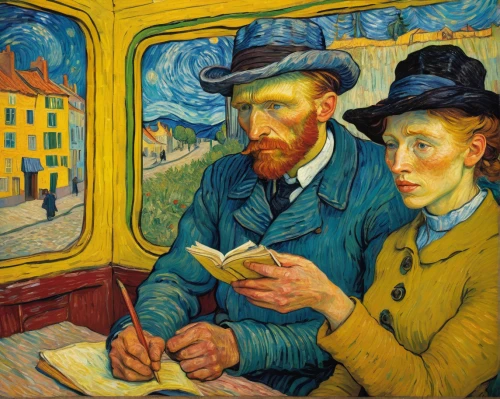 vincent van gough,vincent van gogh,post impressionism,post impressionist,man and wife,postbus,train of thought,young couple,people reading newspaper,artists,children studying,man with a computer,french tourists,bus driver,braque francais,mobile device,postmasters,the tablet,coachman,the postcard,Art,Artistic Painting,Artistic Painting 03