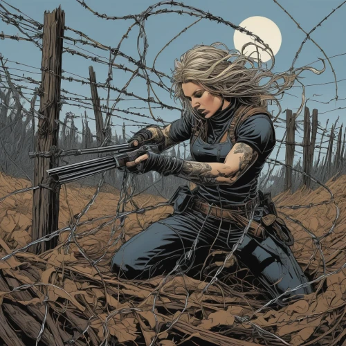 barb wire,barbwire,barbed wire,a200,wire fence,ribbon barbed wire,lost in war,post apocalyptic,sci fiction illustration,prison fence,renegade,wasteland,full metal,fence,thorns,girl with a gun,heidi country,huntress,scarecrow,sniper,Illustration,Black and White,Black and White 01