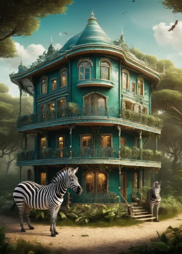 whimsical animals,fantasy picture,house in the forest,frisian house,stilt house,3d fantasy,studio ghibli,world digital painting,ancient house,guesthouse,fantasy art,tree house hotel,house painting,stilt houses,house of the sea,apartment house,tree house,wooden house,madagascar,treasure house,Illustration,Abstract Fantasy,Abstract Fantasy 01