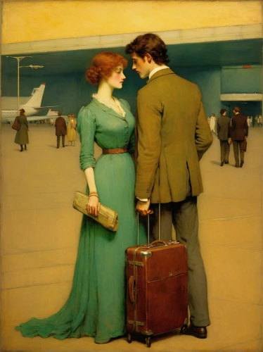 courtship,john atkinson grimshaw,vintage man and woman,young couple,orsay,vintage art,wright brothers,mucha,suitcases,the girl at the station,suitcase,man and wife,airline travel,vintage boy and girl,honeymoon,old suitcase,baggage,social distance,man and woman,as a couple,Art,Classical Oil Painting,Classical Oil Painting 44