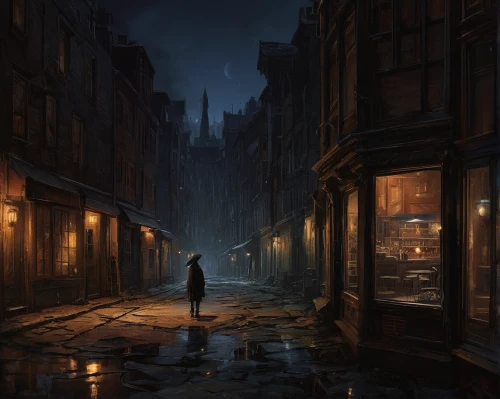 night scene,evening atmosphere,alleyway,blind alley,world digital painting,walking in the rain,lamplighter,girl walking away,alley,sci fiction illustration,the cobbled streets,old linden alley,atmospheric,nocturnes,narrow street,slums,ghost town,rainstorm,street scene,backgrounds,Conceptual Art,Daily,Daily 01