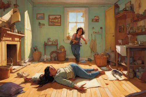 the little girl's room,girl in the kitchen,girl studying,children studying,woman house,together cleaning the house,the girl is lying on the floor,housework,children's bedroom,girl at the computer,playing room,tenement,boy's room picture,children's room,meticulous painting,one-room,doll's house,young couple,laundry room,woman playing,Conceptual Art,Fantasy,Fantasy 18