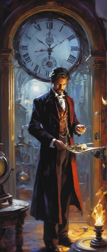 clockmaker,watchmaker,time traveler,pocket watch,grandfather clock,pocket watches,clockwork,clock hands,magician,dodge warlock,hatter,merchant,pilgrim,time machine,four o'clocks,clocks,steampunk,town crier,flow of time,time pointing,Conceptual Art,Oil color,Oil Color 09