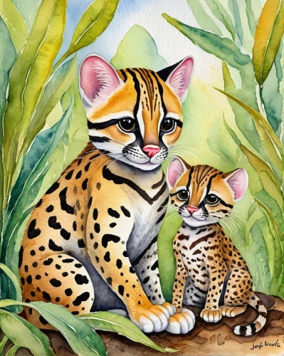 bengal cat,ocelot,cheetahs,cheetah mother,bengal,rusty-spotted cat,cheetah and cubs,hosana,watercolor painting,felidae,egyptian mau,ocicat,cute animals,watercolor cat,big cats,cheetah,arabian mau,leopard,watercolor baby items,two cats,Illustration,Paper based,Paper Based 24