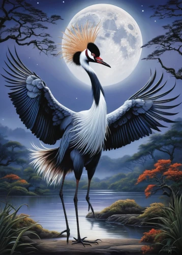 eastern crowned crane,red-crowned crane,gray crowned crane,grey crowned crane,ivory-billed woodpecker,grey crowned cranes,white-naped crane,bird painting,grey neck king crane,nocturnal bird,crane-like bird,whooping crane,storks,fujian white crane,australian pied cormorant,roadrunner,night bird,crane bird flying,magpie lark,stork,Conceptual Art,Fantasy,Fantasy 30