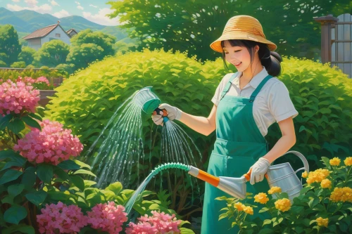 watering can,watering,garden hose,irrigation,gardener,girl picking flowers,water hose,gardening,garden work,girl in the garden,yamada's rice fields,work in the garden,mountain spring,tree watering,shrub watering,picking flowers,irrigation system,green summer,garden tools,cleaning woman,Illustration,Realistic Fantasy,Realistic Fantasy 08