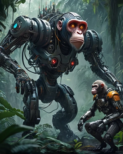robot combat,mech,great apes,cg artwork,war monkey,monkey soldier,mecha,aaa,kong,chimpanzee,game illustration,tau,concept art,predators,game art,primates,sci fiction illustration,patrols,predator,gorilla,Conceptual Art,Sci-Fi,Sci-Fi 03