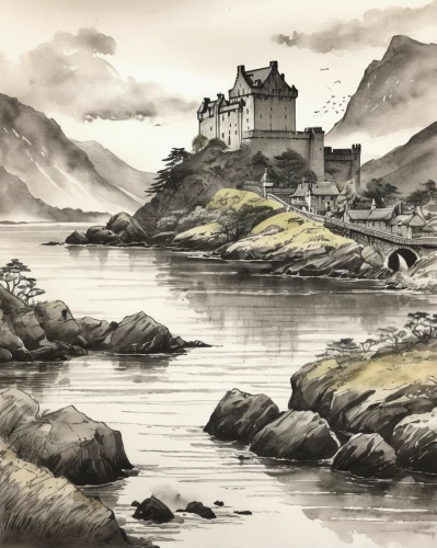 eilean donan,eilean donan castle,scottish folly,isle of skye,isle of mull,ruined castle,scottish highlands,scotland,castle bran,highlands,castles,water castle,mull,castel,stabyhoun,clàrsach,david bates,scottish,rob roy,castle of the corvin,Illustration,Paper based,Paper Based 30