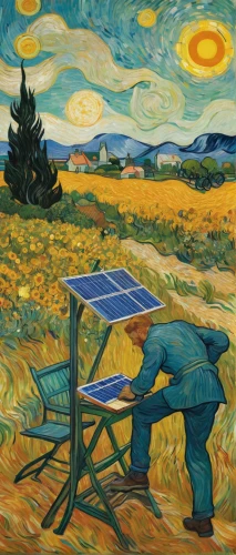 vincent van gough,chair in field,vincent van gogh,solar field,suitcase in field,agriculture,post impressionism,man with a computer,work in the garden,table artist,cultivated field,agricultural,painting technique,meticulous painting,farmer,farming,grain harvest,winemaker,farm landscape,farmworker,Art,Artistic Painting,Artistic Painting 03