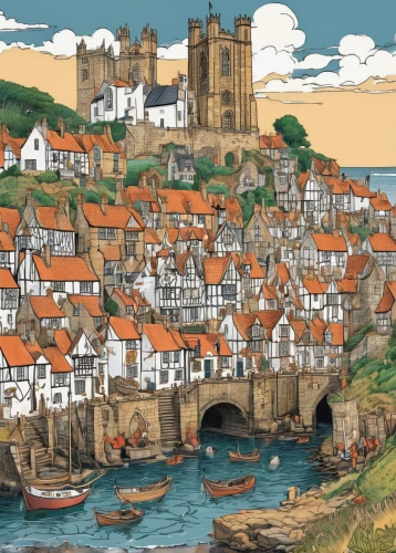 robin hood's bay,whitby,bamburgh,medieval town,alnmouth,medieval architecture,cornwall,townscape,brixlegg,swanage,northumberland,england,yorkshire,dorset,houses clipart,tynemouth,saint andrews,kings landing,dover,medieval,Illustration,Realistic Fantasy,Realistic Fantasy 42