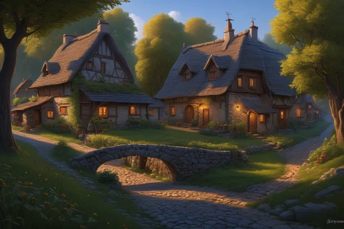 alpine village,knight village,witch's house,wooden houses,house in the forest,aurora village,cottage,little house,escher village,traditional house,country cottage,medieval town,tavern,summer cottage,home landscape,cottages,mountain village,ancient house,mountain settlement,village life,Illustration,Realistic Fantasy,Realistic Fantasy 27