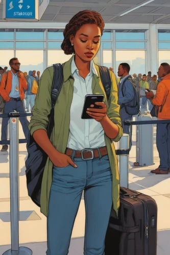 woman holding a smartphone,travel woman,women in technology,the girl at the station,digital nomads,online path travel,sci fiction illustration,travel poster,prospects for the future,camera illustration,social media addiction,airline travel,cellular phone,mobile devices,the app on phone,airplane passenger,mobile device,black women,book cover,white-collar worker,Conceptual Art,Fantasy,Fantasy 07