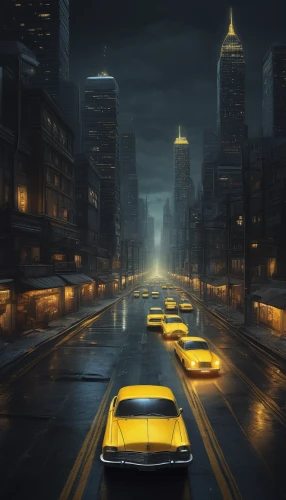 yellow taxi,new york taxi,black city,taxi cab,taxicabs,night highway,city highway,yellow car,yellow light,city scape,city lights,street lights,highway lights,automotive lighting,yellow cab,cab driver,citylights,night scene,digital compositing,car lights,Illustration,Realistic Fantasy,Realistic Fantasy 17