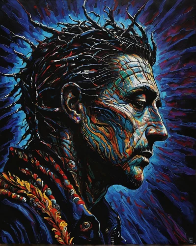 shaman,tribal chief,tribal,indigenous painting,indigenous,shamanism,the american indian,shamanic,native american,american indian,pachamama,painting technique,cornrows,chief,amerindien,mohawk,prophet,neon body painting,aztec,digital artwork,Illustration,Realistic Fantasy,Realistic Fantasy 33