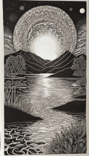 cool woodblock images,woodblock prints,woodcut,the night of kupala,lunar landscape,moonscape,printmaking,night scene,woodblock printing,lake tanuki,phase of the moon,japanese wave paper,boat landscape,evening lake,brook landscape,an island far away landscape,sun moon,swampy landscape,escher,loch,Illustration,Black and White,Black and White 11