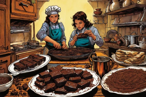 cooking chocolate,chocolatier,cooking book cover,sachertorte,chopped chocolate,confectioner,food and cooking,chocolate muffins,chocolate brownie,pralines,baked goods,cocoa solids,turkish coffee,bakery,baking,brownie,girl scouts of the usa,ganache,flourless chocolate cake,iranian cuisine,Illustration,American Style,American Style 02