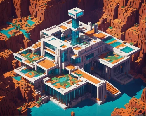 mining facility,artificial island,isometric,cubic house,ancient city,floating islands,space port,fractal environment,artificial islands,mausoleum ruins,spacescraft,atlantis,mountain settlement,fortress,cubic,inverted cottage,cube house,apartment block,industrial ruin,solar cell base,Unique,Pixel,Pixel 03