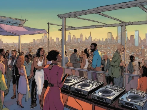 mix table,new york skyline,crowded,manhattan skyline,highline,disc jockey,dj party,rooftop,nightclub,brooklyn,wonder woman city,big night city,crowds,city cities,mixing table,roof terrace,dj equipament,block party,city trans,manhattan,Illustration,Vector,Vector 04