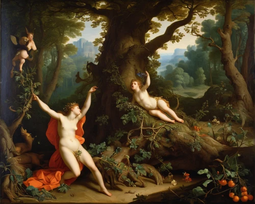 adam and eve,apollo and the muses,garden of eden,secret garden of venus,la nascita di venere,bougereau,hunting scene,discobolus,narcissus of the poets,venus,narcissus,the three graces,rococo,apollo hylates,fairies aloft,cherubs,happy children playing in the forest,young couple,bacchus,rosarium,Art,Classical Oil Painting,Classical Oil Painting 33