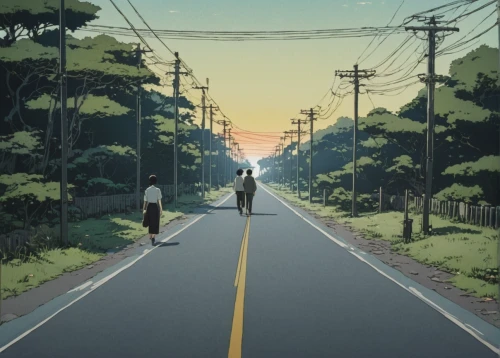 empty road,the road,studio ghibli,long road,road,forest road,open road,see you again,would a background,maple road,crossroads,road forgotten,roadside,crossroad,pedestrian,two meters,vanishing point,sand road,country road,roads,Illustration,Japanese style,Japanese Style 10