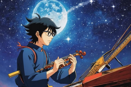 violinist violinist of the moon,euphonium,composer,playing the violin,string instrument,bass violin,astronomer,orchestra,violin,philharmonic orchestra,orchestral,violinist violinist,symphony orchestra,bowed string instrument,violin player,instrument music,cello,constellation lyre,musician,stringed instrument,Illustration,Japanese style,Japanese Style 11