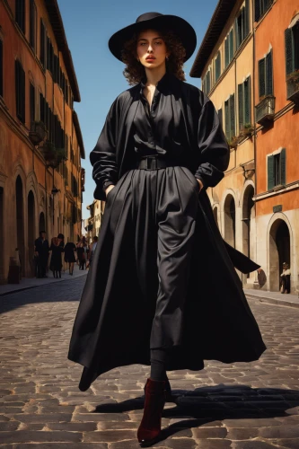 woman walking,tuscan,woman in menswear,girl in a historic way,italian painter,long coat,conical hat,cordwainer,the hat of the woman,black coat,florence,overcoat,annemone,wicked witch of the west,black hat,red coat,women fashion,gondolier,italy,the carnival of venice,Art,Classical Oil Painting,Classical Oil Painting 05