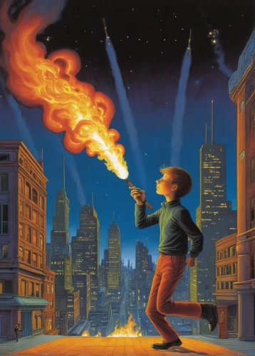 city in flames,human torch,fire-eater,fire eater,blow torch,sci fiction illustration,fire planet,flaming torch,blowtorch,fireball,burning torch,the conflagration,firestar,fire kite,cd cover,spark fire,torch-bearer,meteor rideau,flickering flame,fire eaters,Illustration,Children,Children 03